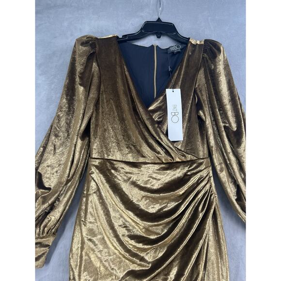 PatBO Metallic Velvet Mini Dress Size 10 Gold V Neck Womens Dress Empire Waist - Picture 4 of 14